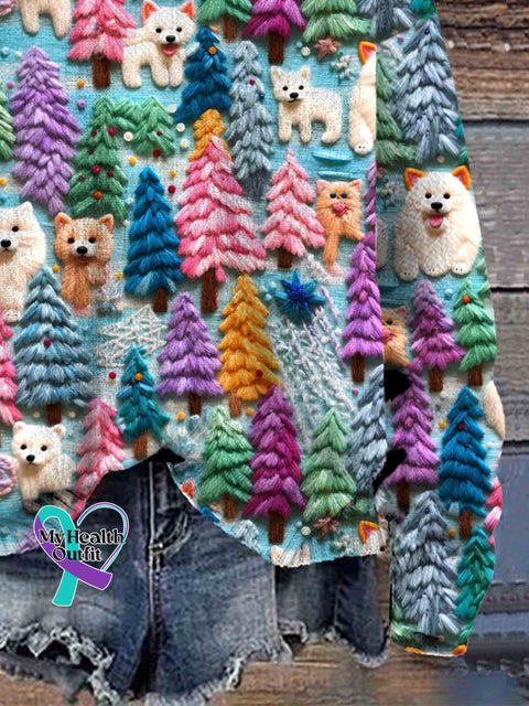 Christmas Dogs Print Knit Pullover Sweater