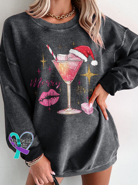 Christmas Drink Merry And Bright Glitter Women’s Casual Print Corduroy Sweatshirt Black / S
