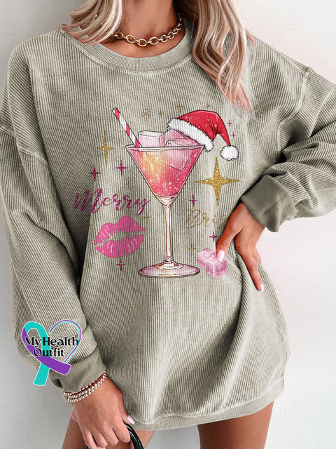 Christmas Drink Merry And Bright Glitter Women’s Casual Print Corduroy Sweatshirt Brown / S