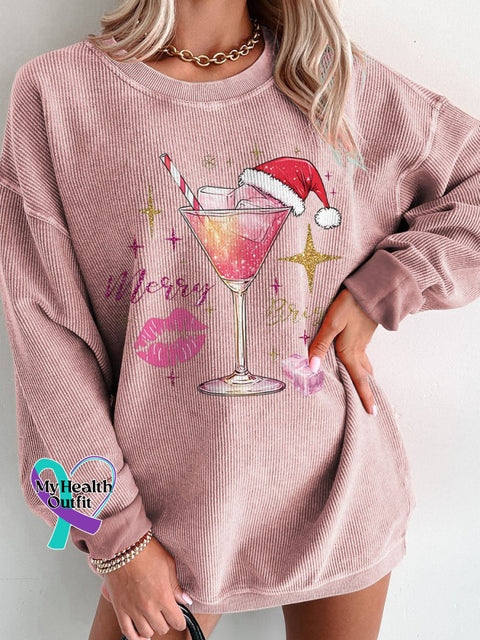 Christmas Drink Merry And Bright Glitter Women’s Casual Print Corduroy Sweatshirt Pink / S