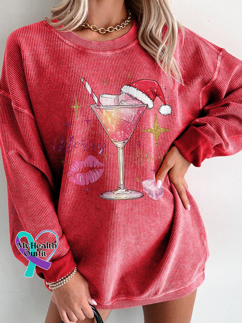 Christmas Drink Merry And Bright Glitter Women’s Casual Print Corduroy Sweatshirt Red / S