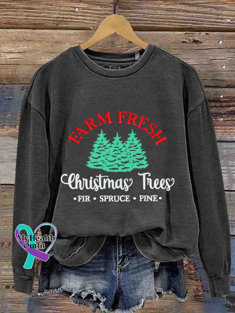 Christmas Farm Fresh Tree Embroidery Design Round Neck Trendy Retro Casual Printed Sweater Black / M