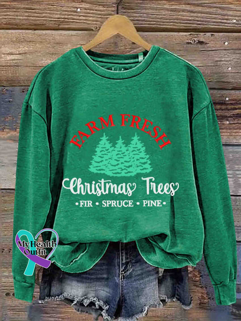 Christmas Farm Fresh Tree Embroidery Design Round Neck Trendy Retro Casual Printed Sweater Green / S