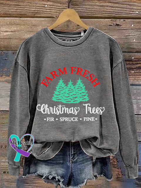 Christmas Farm Fresh Tree Embroidery Design Round Neck Trendy Retro Casual Printed Sweater Grey / L
