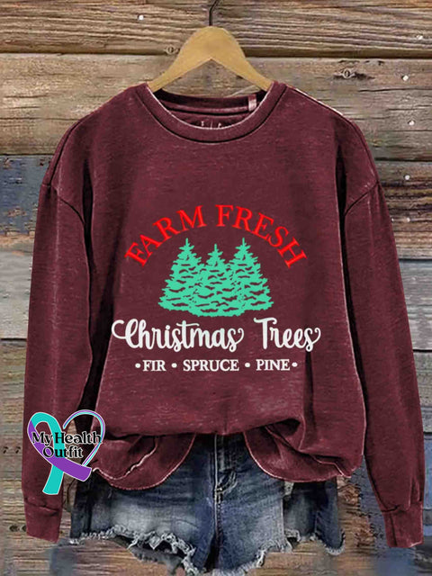 Christmas Farm Fresh Tree Embroidery Design Round Neck Trendy Retro Casual Printed Sweater Maroon /
