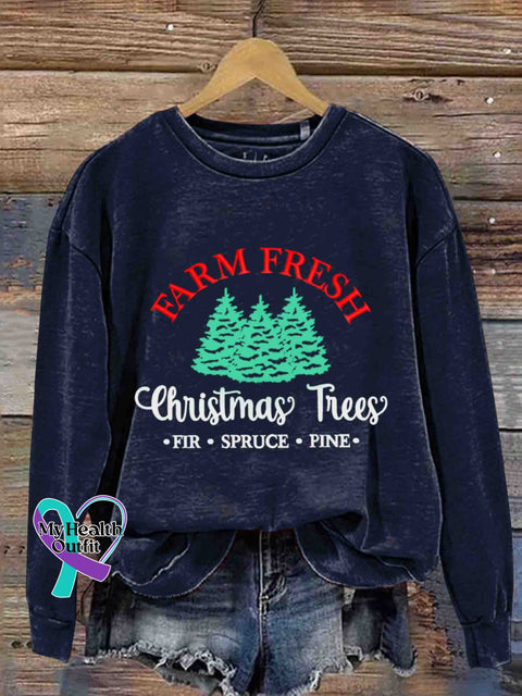 Christmas Farm Fresh Tree Embroidery Design Round Neck Trendy Retro Casual Printed Sweater Navyblue