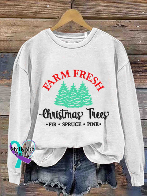 Christmas Farm Fresh Tree Embroidery Design Round Neck Trendy Retro Casual Printed Sweater Whit / S