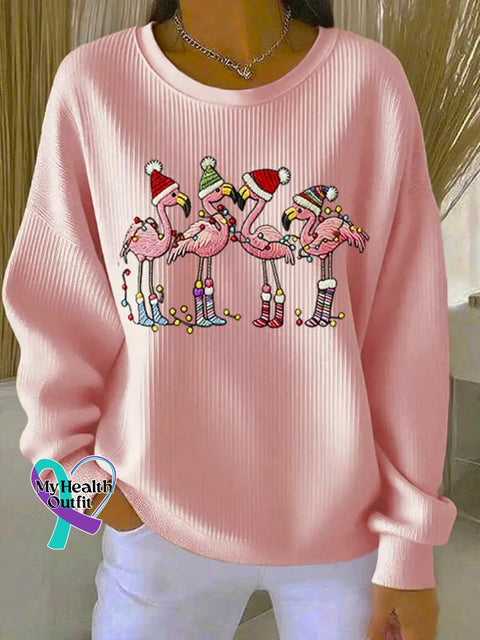 Christmas Flamingo Art Print Casual Sweatshirt Pink / S