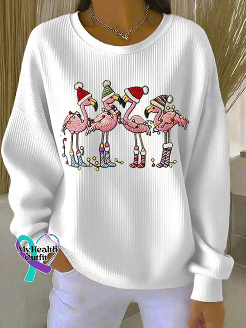Christmas Flamingo Art Print Casual Sweatshirt White / S