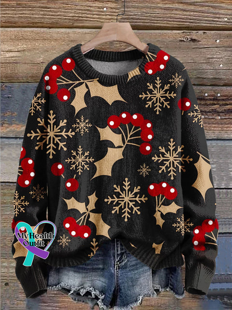 Christmas Fruit Art Print Knit Pullover Sweater Black / S
