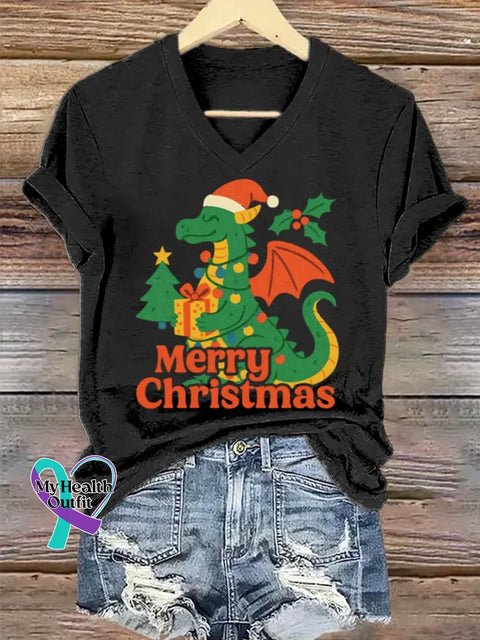 Christmas Funny Dragon Art V-neck Casual T-Shirt Black / S