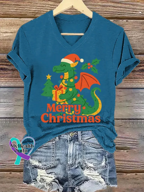 Christmas Funny Dragon Art V-neck Casual T-Shirt Blue / S
