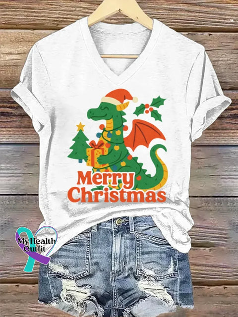 Christmas Funny Dragon Art V-neck Casual T-Shirt White / S