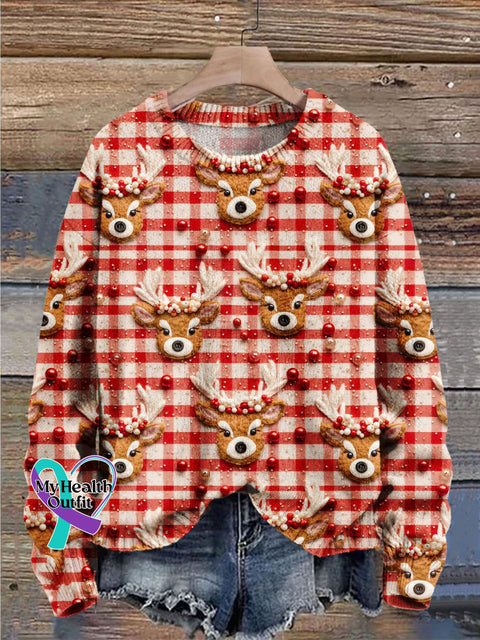 Christmas Gift Deer Art Print Knit Pullover Sweater Muilticolor / S