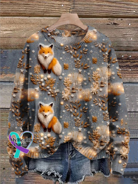 Christmas Gift Fox Art Print Knit Pullover Sweater Muilticolor / S