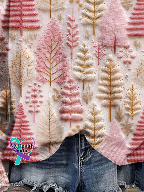 Christmas Gift Imitation Embroidery Tree Art Print Knit Pullover Sweater