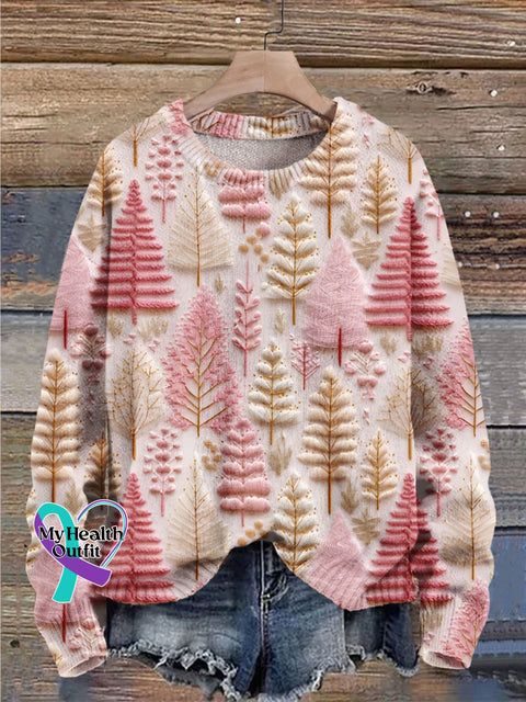 Christmas Gift Imitation Embroidery Tree Art Print Knit Pullover Sweater Muilticolor / S