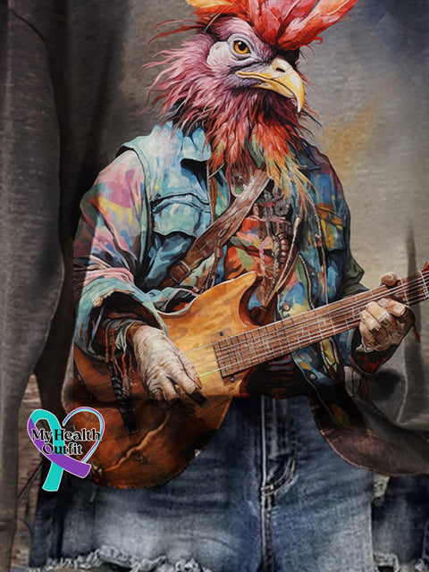 Christmas Gift Music Fun Fashion Punk Retro Chicken Design Print Casual Sweatshirt