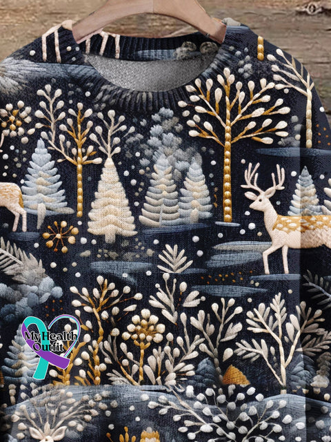 Christmas Gift Tree Deer Art Print Knit Pullover Sweater