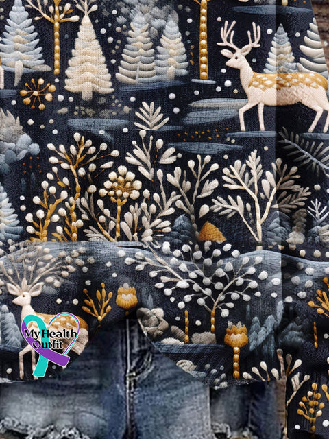 Christmas Gift Tree Deer Art Print Knit Pullover Sweater