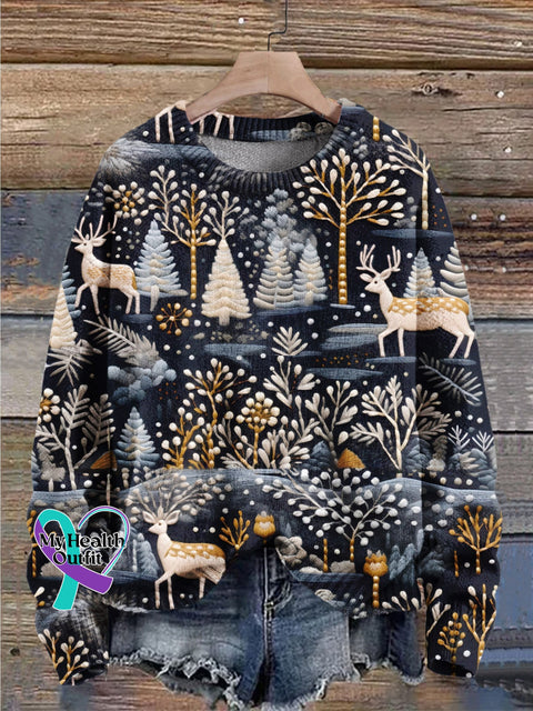 Christmas Gift Tree Deer Art Print Knit Pullover Sweater Muilticolor / S