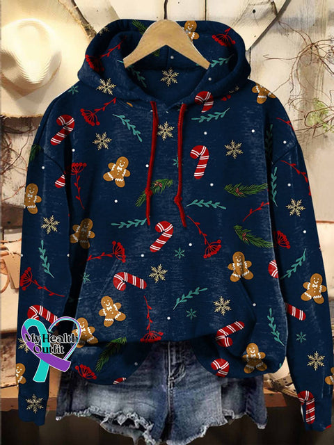 Christmas Gingerbread Candy Cane Hooded Casual Sweatshirt Multicolor / S