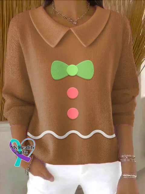 Christmas Gingerbread Man Casual Peter Pan Collar 3/4 Sleeve Sweater Multicolor / S