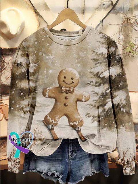 Christmas Gingerbread Man Ski Oil Art Print Casual Sweatshirt Multicolor / S