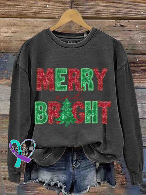 Christmas Glitter Merry And Bright Retro Casual Printed Sweatshirt Black / S