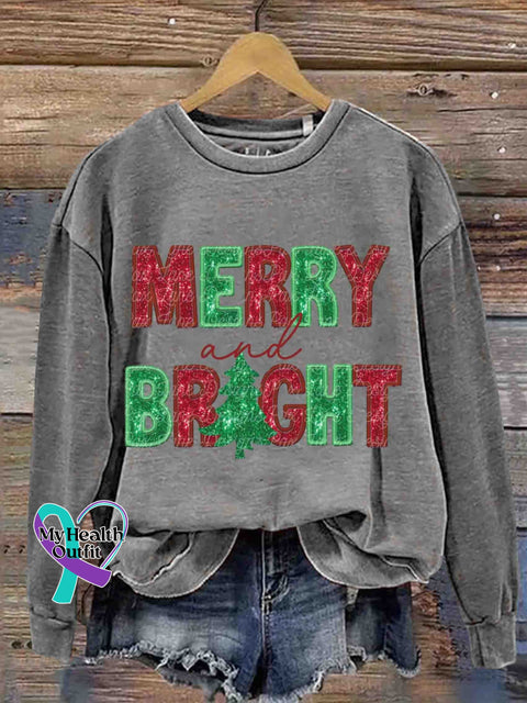Christmas Glitter Merry And Bright Retro Casual Printed Sweatshirt Grey / S