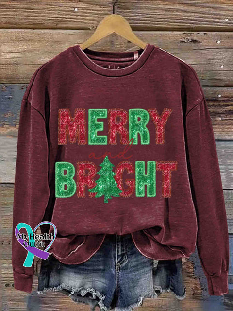 Christmas Glitter Merry And Bright Retro Casual Printed Sweatshirt Maroon / S