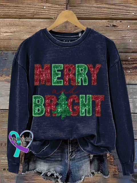 Christmas Glitter Merry And Bright Retro Casual Printed Sweatshirt Navyblue / S