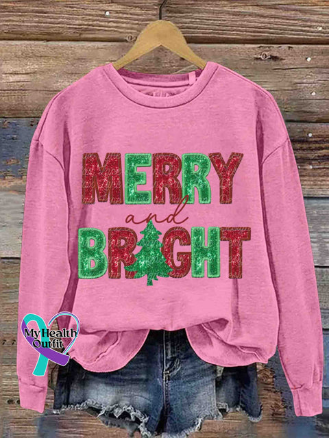 Christmas Glitter Merry And Bright Retro Casual Printed Sweatshirt Pink / S