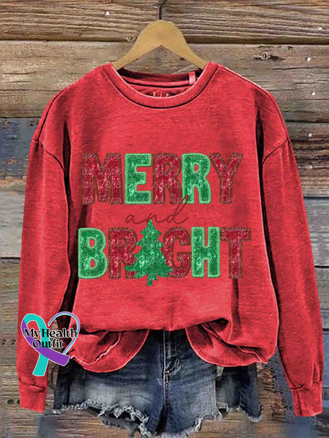 Christmas Glitter Merry And Bright Retro Casual Printed Sweatshirt Red / S