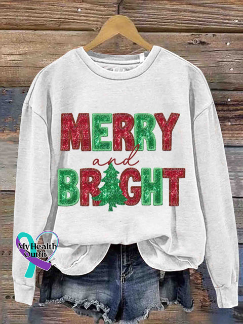 Christmas Glitter Merry And Bright Retro Casual Printed Sweatshirt White / S