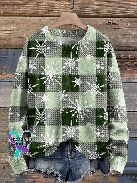 Christmas Green Check Snowflake Print Knit Pullover Sweater