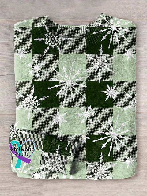Christmas Green Check Snowflake Print Knit Pullover Sweater Multicolor / S