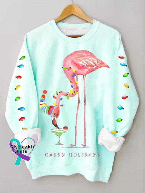 Christmas Happy Holidays Flamingo Lantern Print Casual Sweatshirt Babyblue / S
