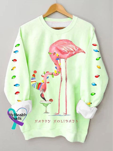 Christmas Happy Holidays Flamingo Lantern Print Casual Sweatshirt Babygreen / S