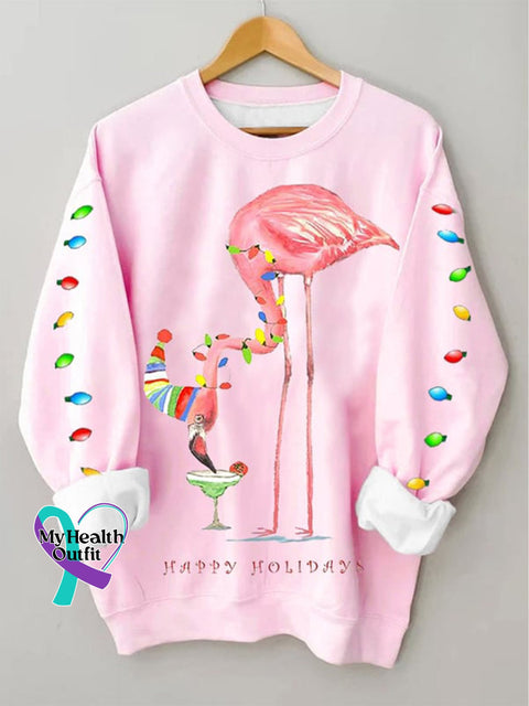 Christmas Happy Holidays Flamingo Lantern Print Casual Sweatshirt Pink / S