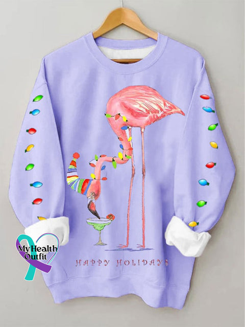 Christmas Happy Holidays Flamingo Lantern Print Casual Sweatshirt Purple / S
