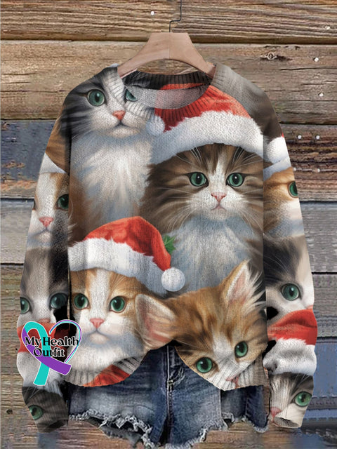 Christmas Hat Cat Print Knit Pullover Sweater Multicolor / S