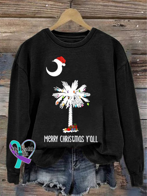 Christmas Hat Coconut Tree Merry Y’all Moon Casual Print Sweatshirt Black / S