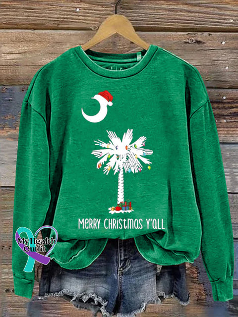 Christmas Hat Coconut Tree Merry Y’all Moon Casual Print Sweatshirt Green / S