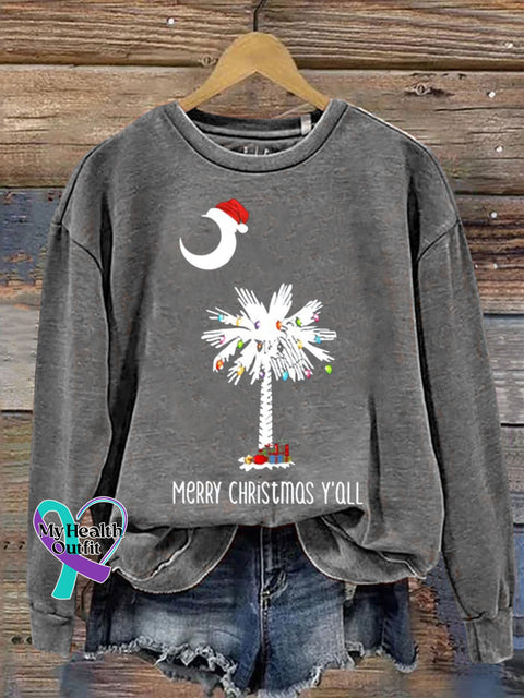 Christmas Hat Coconut Tree Merry Y’all Moon Casual Print Sweatshirt Grey / S