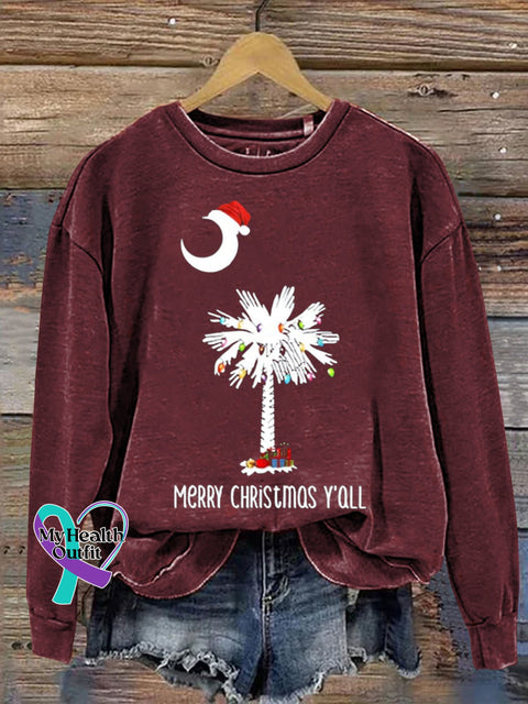 Christmas Hat Coconut Tree Merry Y’all Moon Casual Print Sweatshirt Maroon / S