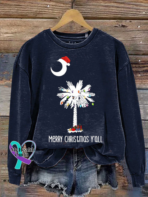 Christmas Hat Coconut Tree Merry Y’all Moon Casual Print Sweatshirt Navyblue / S