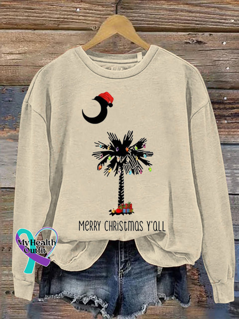 Christmas Hat Coconut Tree Merry Y’all Moon Casual Print Sweatshirt Sand / S