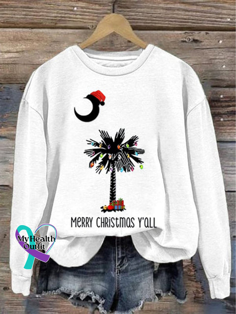 Christmas Hat Coconut Tree Merry Y’all Moon Casual Print Sweatshirt White / S