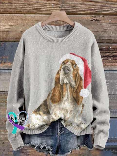 Christmas Hat Snow Dog Print Knit Pullover Sweater Multicolor / S